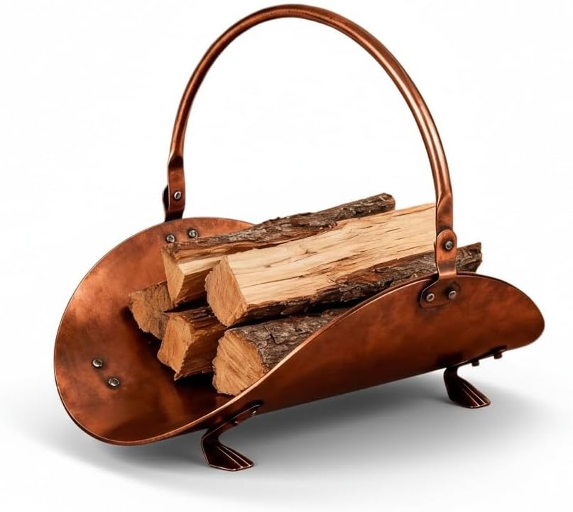 Ironwork Firewood Carrier Basket - Portable Fireplace Wood Storage Rack for Small Spaces, Ideal for Winter Indoor Outdoor Log Holding(Brass)