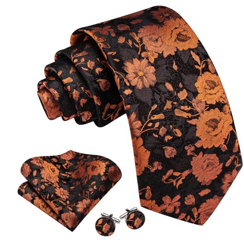 Image of Barry.Wang Flower Ties for Men Silk Woven Floral Tie Sets Necktie Handkerchief Cufflinks Wedding Party