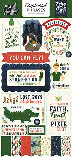 Echo Park Paper Company Lost in Neverland 6x13 Phrases chipboard, navy, green, red, gold