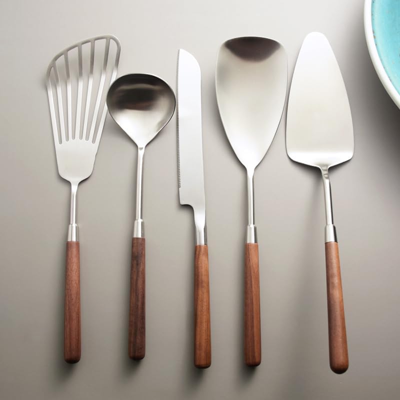 Silverware Flatware Cutlery Set, 5/20/30/40/50/60 Pcs Kitchen Household 304 Stainless Steel Walnut Handle Spoon Dining Spoon Shovel Kitchenware Set Steak Knife ，Brown-30 Piece Set for 6