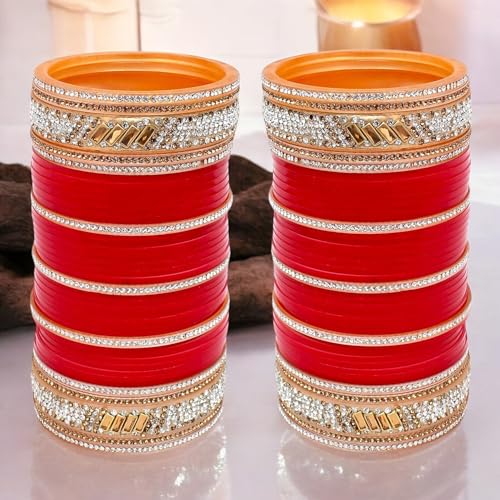 Image of Lucky Jewellery Bridal Bangle Set Dhanteras /Diwali /Bhai Dooj Collection Red Chuda Acrylic Dulhan Choora Wedding Punjabi Chura For Women (1353-G1C1-2701-R)