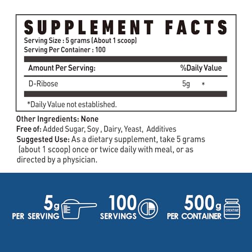 Image of Pure D-Ribose Powder - Ribose Powder Supplement, Supports Energy - Unflavored - Gluten Free (500 Grams - 1.1 Lbs)