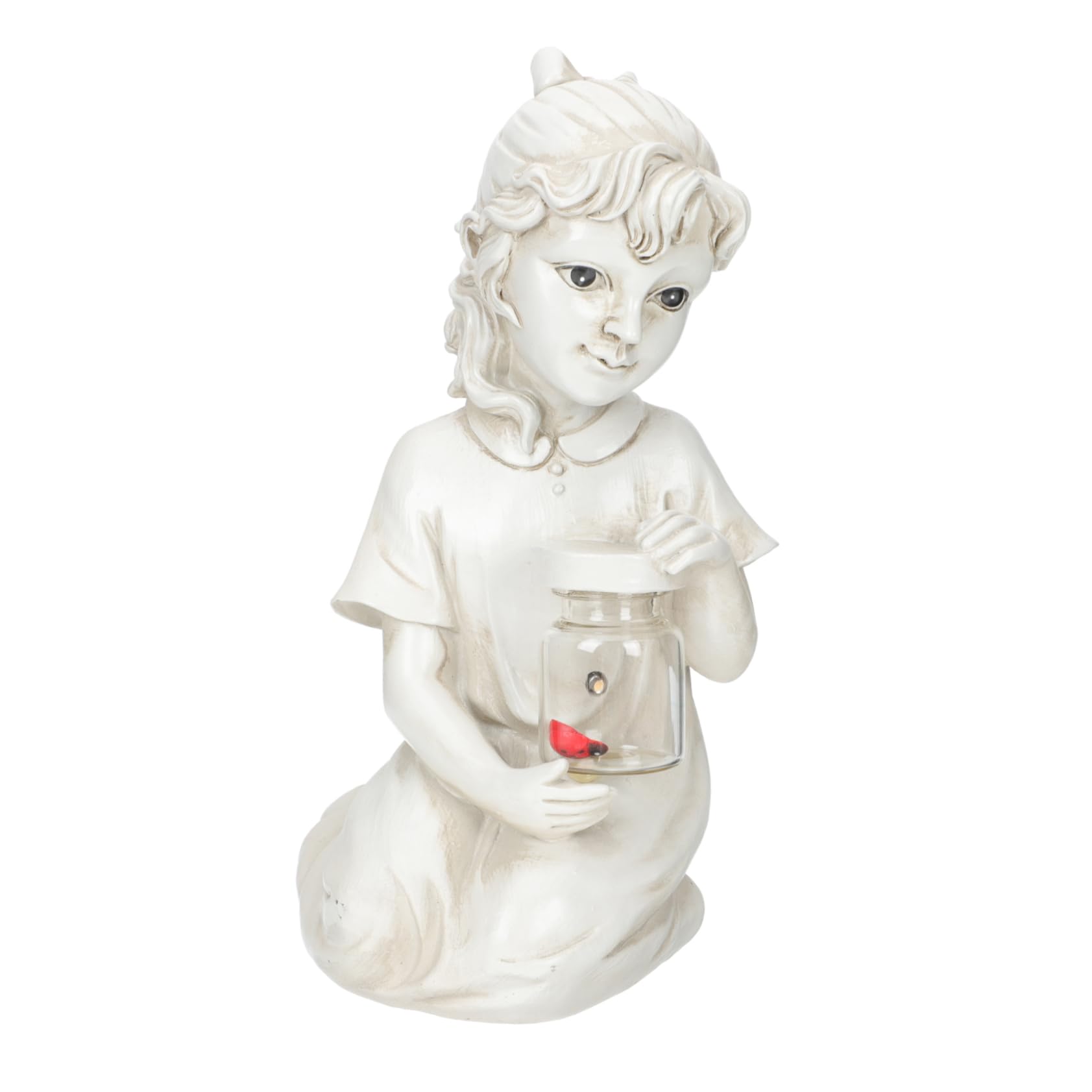 Estatua de Jardín Solar de Resina Resistente Intemperie con Luz Decorativa para Exteriores y Macizos de Flores, Figura Infantil en Color Claro para Jardín
