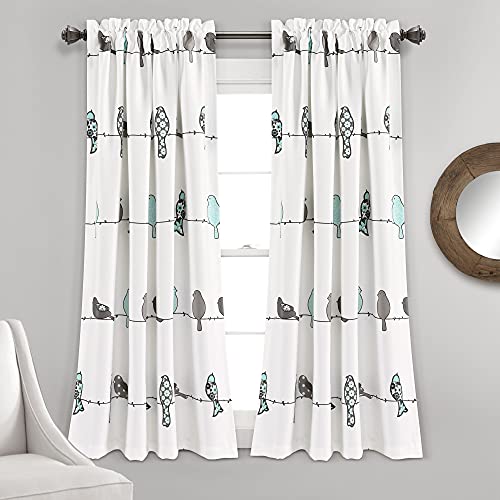 Lush Decor Rowley Birds Light Filtering Window Curtain Panels, Pair, 52" W x 63" L, Blue & Gray, Colorful Floral Print