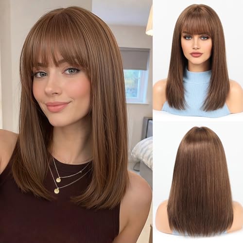 Image of KKU 16 Inch Brown Human Hair Wig,Human Hair Wigs,Human Hair Wig With Bangs, Lady Wigs Human Hair, Real Hair Wigs For Women