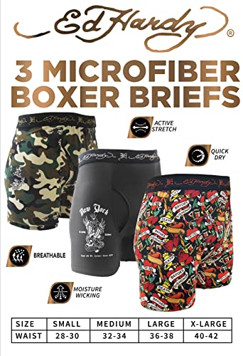 Ed Hardy Mens 3-Pack Microfiber Boxer Briefs, Breathable Athletic Print Boxers, Multicolor Male Underwear, Small #TOP1