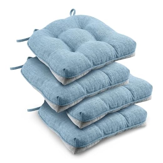 downluxe Indoor Chair Cushions for Dining Chairs, Tufted Overstuffed Textured Memory Foam Kitchen Chair Pads with Ties and Non-Slip Backing, 15.5" x 15.5" x 4", Light Blue, 4 Pack