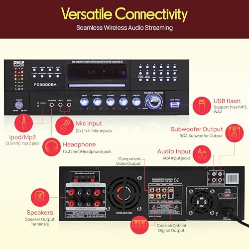 Pyle 4 Channel Bluetooth Home Amplifier - Front Loading DVD/CD Player - 3000W Peak Stereo Receiver - 2 Mic Inputs w/ Echo, FM Radio,Optical In,USB,RCA,Composite, LED Level Meter, Rack Mount - PD3000BA by Pyle - Image 3