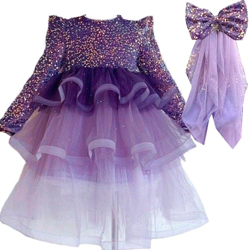 Girls Princess Long Sleeves Purple Cake Dress Lolita Tutu Dress Christmas Dress Birthday Gift with Bowknot Headpiece