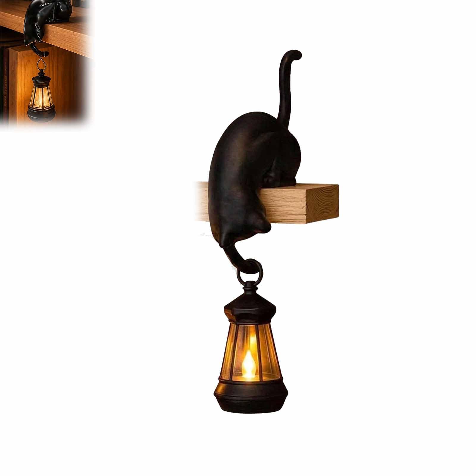 Cute Cat Hook Shelf Decor, Cat Bookshelf Lantern Light, for Porches, Patios, and Bookshelves Lovers Night Light Edge (Style B*Black)