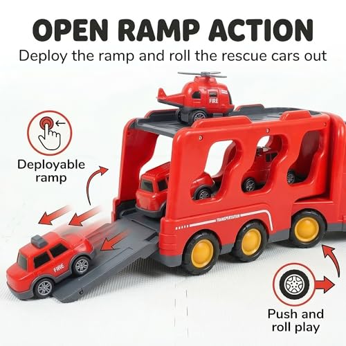 Image of Fire Truck Toy for Kids - 5 in 1 Emergency Rescue - Transport Carrier with Mini Fire Engine Cars, Lights & Sound - Educational Birthday Gift Vehicle for Boys & Girls Age 3+ Years - Red