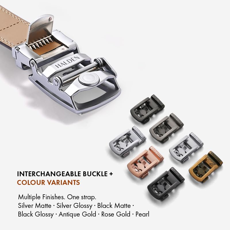 Image of HALDEN BURLEY Men's Brown Ratchet Belt | Auto-Lock Leather Formal Belt with Magnetic Buckle | Adjustable Free Size Fits Up to 44 Inch Waist