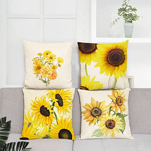 Yeeju Set Of 4 Sunflower Decorative Throw Pillow Covers Square Cotton Linen Summer Cushion Covers Floral Plant Outdoor Couch Sofa Home Pillow Cases 20X20 Inch #TOP3
