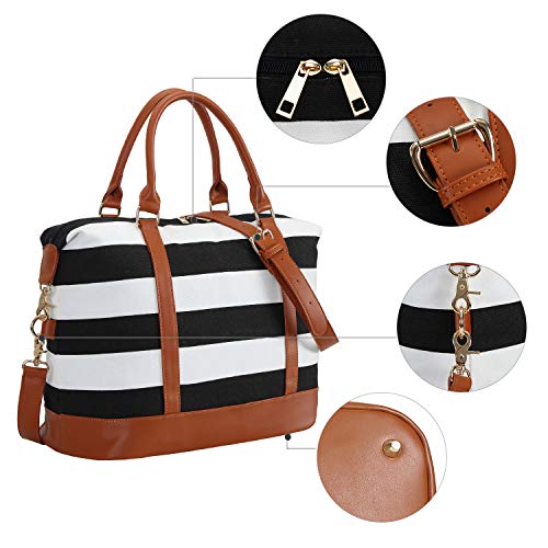 CAMTOP Women Ladies Weekender Travel Bag Canvas Overnight Carry-on Duffel Luggage Tote Bag (Big Stripe - Black)
