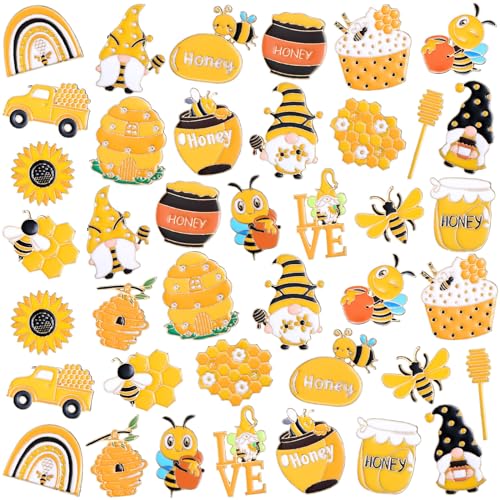 Image of Giegxin 40 Pcs Bee Enamel Pins Bulk Bee Party Favors Gnome Lapel Sunflower Honeycomb Yellow Brooch Pins Cute Holiday Cartoon Backpack for Clothes Bags Accessories Gifts