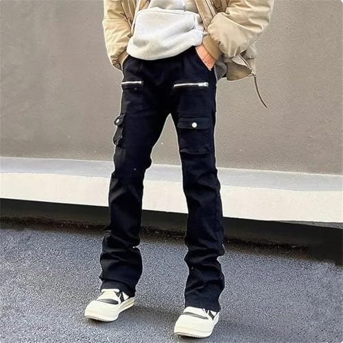 Men Zipper Flared Jeans Cargo Pants Clothes Straight Solid Casual Long Trousers4