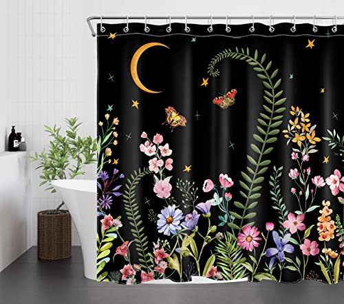 Hvest Colorful Floral Shower Curtain With Hooks, Pink Flower Plant With Vintage Butterfly On Black Shower Curtain For Bathroom, Boho Gold Stars Moon Bathroom Shower Curtain Set, 72X72 Inches #TOP1