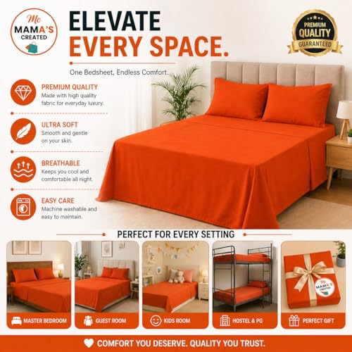 Image of King Size Bed Sheet - 600 Thread Count Single Flat Sheet Only - Long Staple Egyptian Cotton Top Sheet Wrinkle & Fade Resistant - Orange