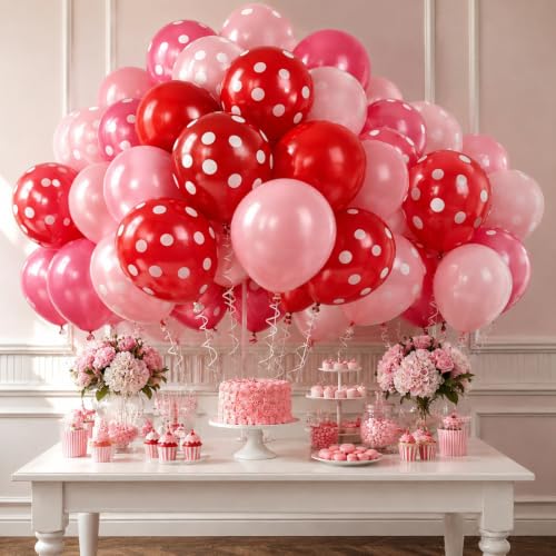 Image of TONIFUL 100 Pack Red Pink Polka Dot Latex Balloons - Sweet Berry Theme Balloon for Birthday Bridal Baby Shower Wedding Bachelorette Sweet 16 Party Decorations