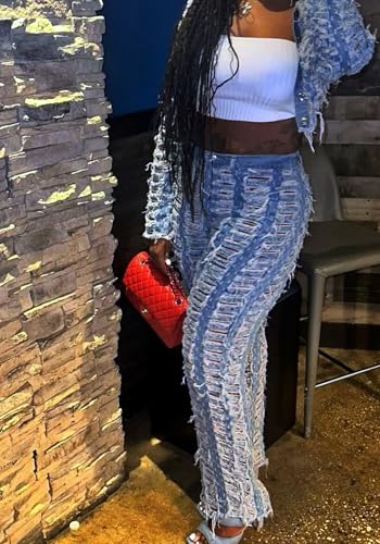 Vaceky Distressed Ripped Jeans Women Elastic Waist Straight Leg Denim Pants4