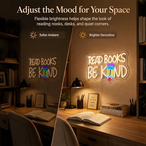 Image of inchRead Books Be Kind inch Classroom LED Neon Sign | 16.5 inch x 10.4 inch, Pencil Wall Decor, Inspirational Quote Light, Library Classroom Study Room Home Office