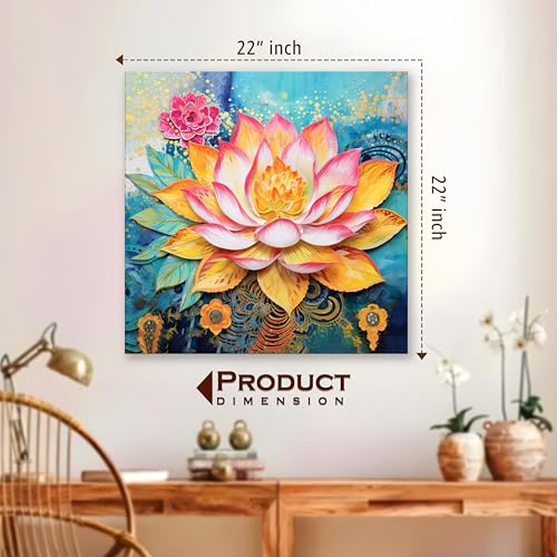 Image of PAINTINGMANTRA Modern Lotus Artwork Stretched Canvas Painting for Living Room | Abstract Floral Canvas Wall Decor Art For Livingroom, Bedroom, Office, Hallways - 22x22 Inch