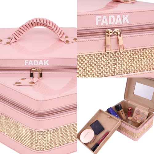 Image of FADAK Faux Leather Cosmetic Makeup for Beauty Case Wedding Makeup Brushes Pouch Tikli Organizer Travel Large Vanity Mirror Box Storage Bag Jewelry Bridal Box (Rani Pink)