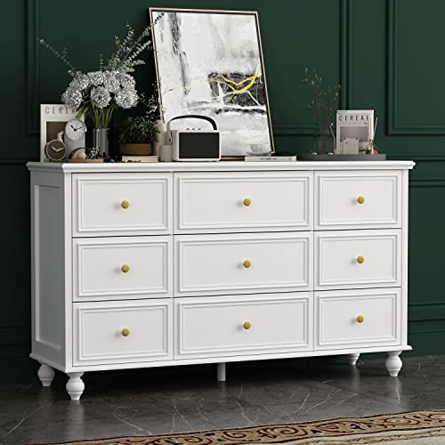 FAMAPY Chest of Drawers 9 Drawer Chest Dresser Wood Dresser, Wooden Legs, Metal Handles, Drawer Organization for Bedroom Closet White and Gold (53.1”W x 15.7”D x 31.5”H) FAMAPY Chest of Drawers 9 Drawer Chest Dresser Wood Dresser, Wooden Legs, Metal Handles, Drawer Organization for Bedroom Closet White and Gold (53.1”W x 15.7”D x 31.5”H)