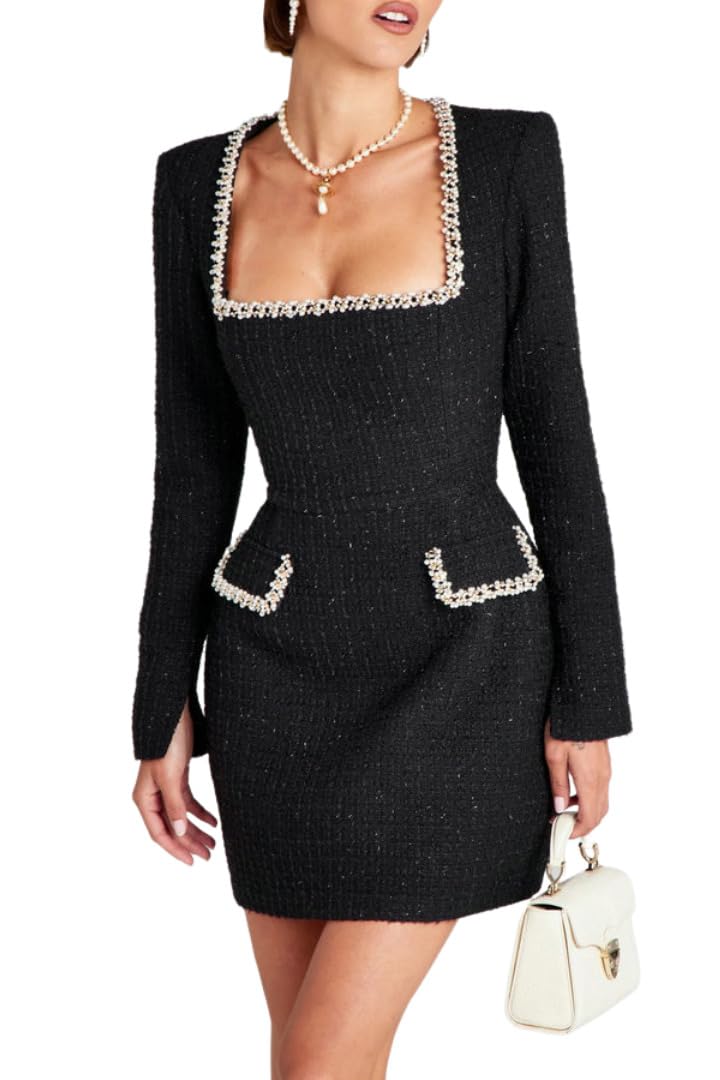 Melliflo Women Elegant Square Neck Mini Dress Long Sleeve Cocktail Party A-line Casual Business Formal Dress