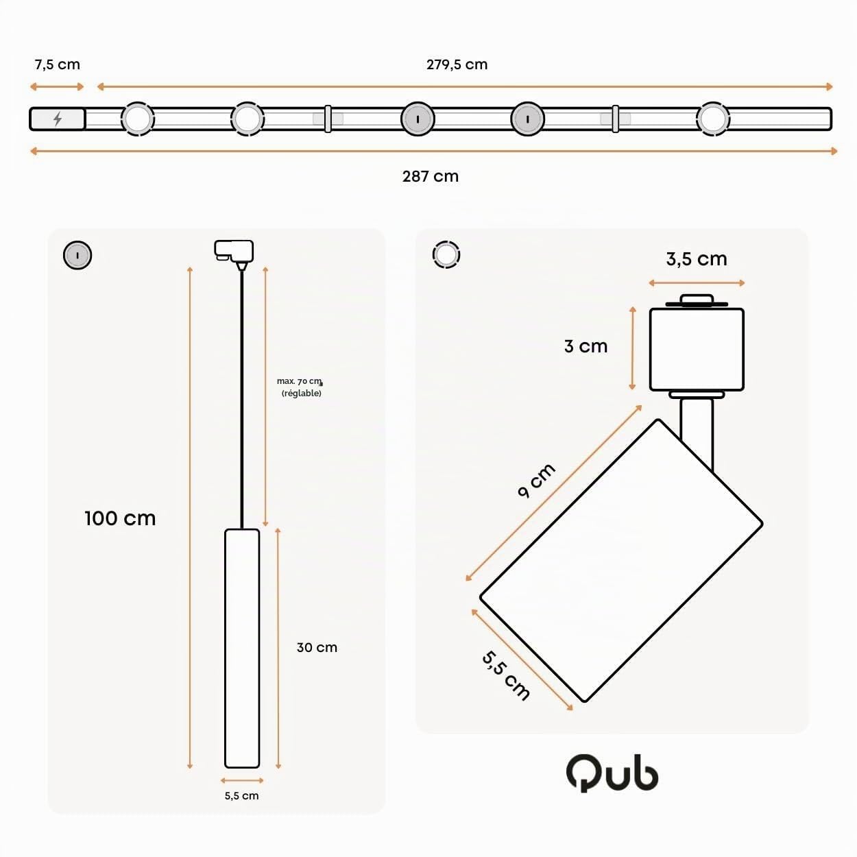 Qub Focus III Monophasé Luminaire Plafonnier Kit Complet – 300cm - Set 3 Spot & 2 Suspension Luminaire - 3x 1m Barre de Spot Plafond – I-Form - GU10 & LED Compatible Plafonnier intérieur Noir Moderne