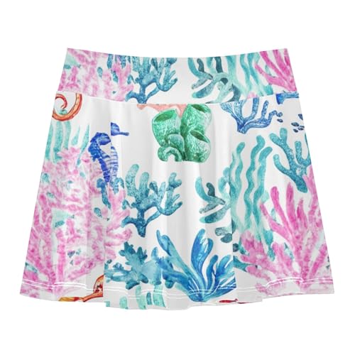 Toddlers Tennis Skirts Watercolor Coral Reef Seahorse Girls' Shorts Athletic Skorts Cute Comfy Little Girl 4t