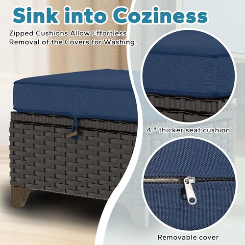 Image of 2 Pieces Patio Outdoor Ottomans with Removable and Washable Covers，PE Rattan Wicker Footstools for Porch, Garden, Sunroom (Navy Blue) | Patio Ottoman Set with Olefin Removable Cushion, All-Weather Ottoman with Deep Seat for Porch, Deck and Backyard, Blue