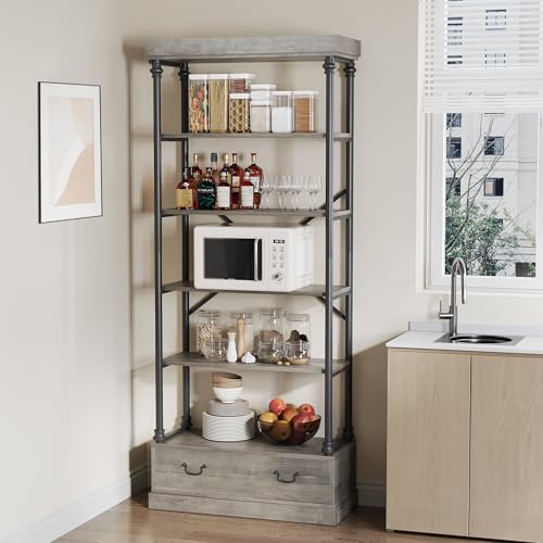 GarveeHome 81.3" Bookshelf with Storage Drawer, Tall Bookcase w/Metal Frame, 5 Tier Vintage Bookshelf Industry Display Storage Shelf for Office Living Room Library Bedroom
