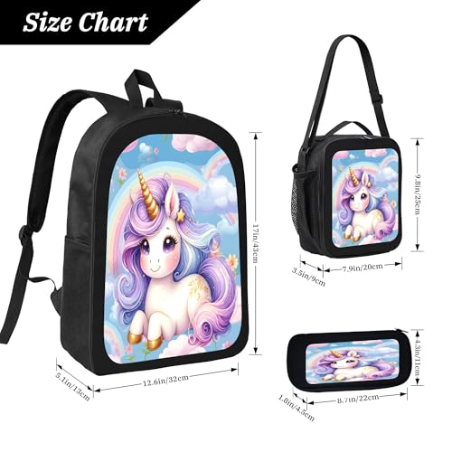 3PCS Backpack for Women Men With Lunch Box Pencil Bag 17 Inch Lightweight Adjustable Strap Back Pack 3 In 1 Set Unicorn Animal Cute Casual Daypack Unisex Fit Travel Work Camping3