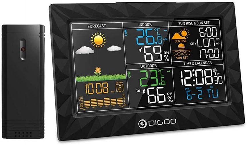 DBOATB Reloj Despertador con Estaciones meteorológicas Estación meteorológica LCD Color Reloj meteorológico para Interiores y Exteriores Termómetro Control Remoto Dispositivo de medición Reloj con