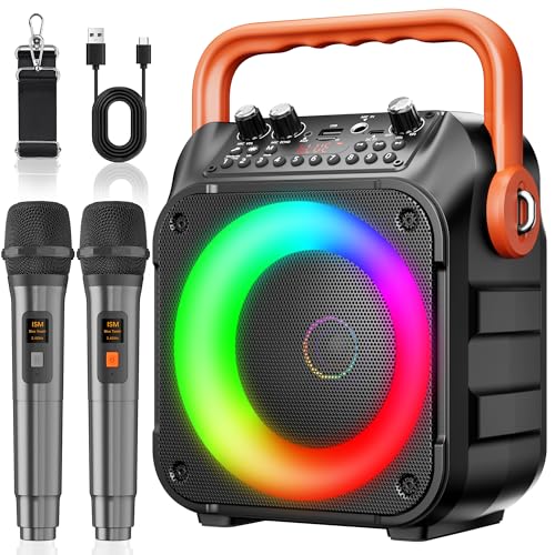 Machine de Karaoké Portable avec 2 Microphones sans Fil et Lumières LED
