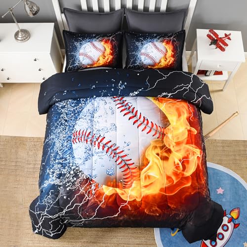 Image of Andency 3D Baseball Comforter Full (79x90 Inch), 3 Pieces(1 Baseball Comforter, 2 Pillowcases) Polyester Sport Bedding Set for Boys Kids Teens