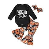 fhutpw Newborn Baby Girl Halloween Clothes Long Sleeve Romper Tops Pumpkin Bell-Bottom Pants Headband Infant Fall Outfits (A- Black Wickedly Cute, 3-6 Months)