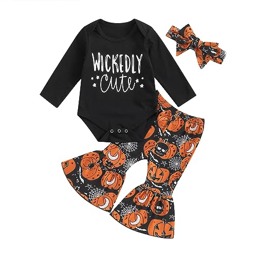 Image of Newborn Baby Girl Halloween Clothes Long Sleeve Romper Tops Pumpkin Bell-Bottom Pants Headband Infant Fall Outfits