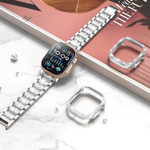 Image of SUPOIX for Apple Watch Band 49mm + Case, Bling Bands for Women (Silver) | Shiny Metal Bands & 2 Pack Protective Cover Cases for iWatch Ultra 49mm