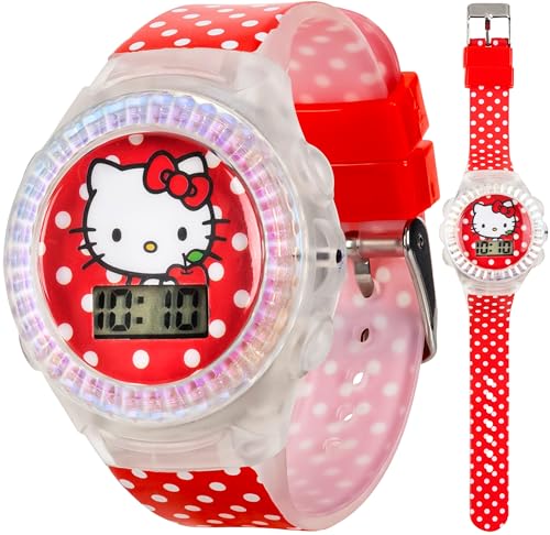 Sanrio Hello Kitty Kids LCD Watch – Red Polka Dot Strap, Iridescent Bezel, Digital Display, Cute Printed Dial, Adjustable Fit, Collectible Tin Box, Perfect for Girls – Fits Wrists 5.5” to 8”