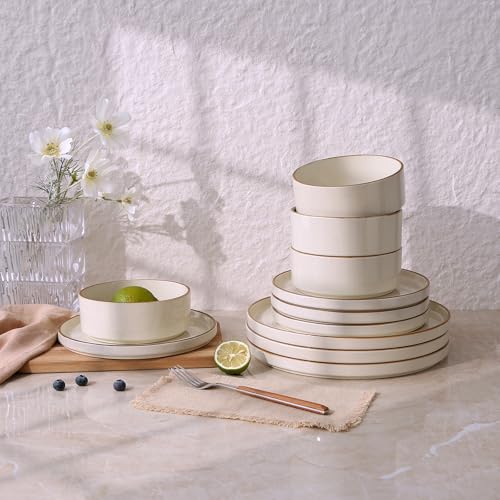 Image of Famiware Nebula Plates and Bowls Sets, 24 Pieces Stoneware Dinnerware Sets, Microwave and Dishwasher Safe Dish Set, Dishware Sets for 8, Vanilla White with Brown Rim