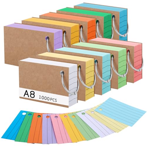 1000 Stücke Karteikarten, A8 Linierte Lernkarten mit Krafteinband und Loseblattring, 150g/m² Lernkarten in 10 Farben für Vokabel Lernen, Schule, Büro, Zuhause(7.4 x 5.2 cm)