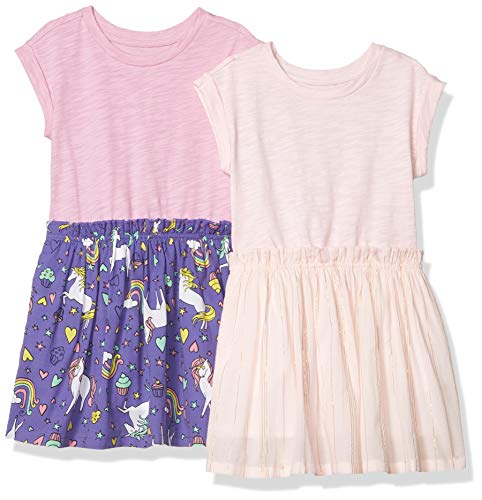 Amazon Brand - Spotted Zebra Girls' Knit-to-Woven Short-Sleeve Dresses, 2-Pack Unicorns/Metallic Stripe, X-Small