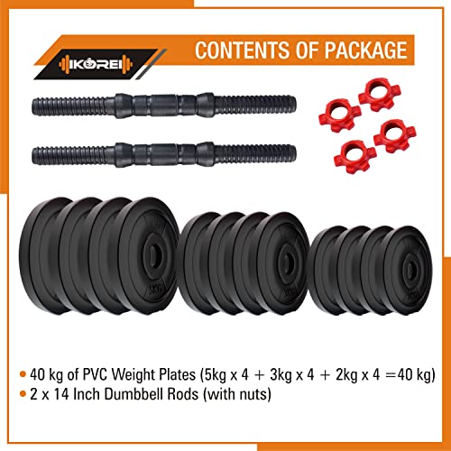 Image of Kore PVC-DM-40KG-COMBO16 (5 kg x 4 + 2 kg x 4 + 3 kg x 4) Adjustable Dumbbells Set, Multicolour, multicolor & Kore K-WM-CHINUP-BAR-SR-ABS Pull-Up Bar and Ab Strap Combo