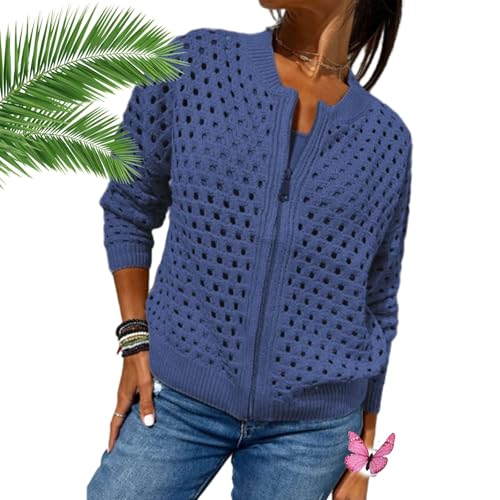 NoworFewer Women's Casual Hollow Knitwear Zipper Jacket,Crochet Jackets for Women Open Front Long Sleeve Cardigan Sweater (Blue,3X-Large)