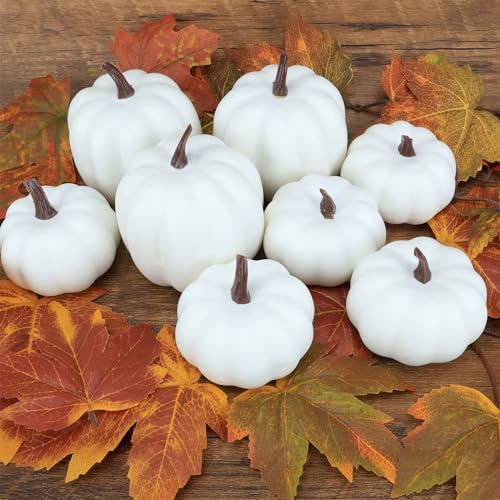 Image of Ghrdopy Fake Pumpkins, 8 Pcs White Artificial Pumpkins, Plastic Pumpkins for Thanksgiving Party Table Centerpiece Autumn Home Decoration-A