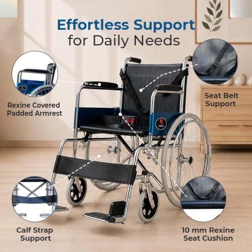 Image of Hero Ecomed Winn 202 S | Manual Wheelchair | Chrome Plated Strong MS Frame | Foldable Wheelchair | Detachable Footrest | Wheelchair For Patients & Elderly | 100 kg Capacity