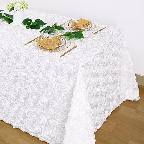 Fanqisi White 3D Floral Satin Raised Rosettes Tablecloth Rectangular 90x132 Inches Rosette Tablecloth for Wedding Baby Shower Table Bridal Shower Meeting Events Decoration Cover