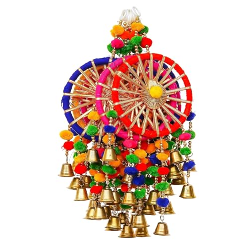 Image of Bindian Pom Pom Ring Bell Chakri Hanging for Home Decor, Pack of 5 Wall Hanging Decoration for Living Room, Backdrop Decoration Items for Ganpati, Navratri, Diwali Festival & Pooja Room Decor